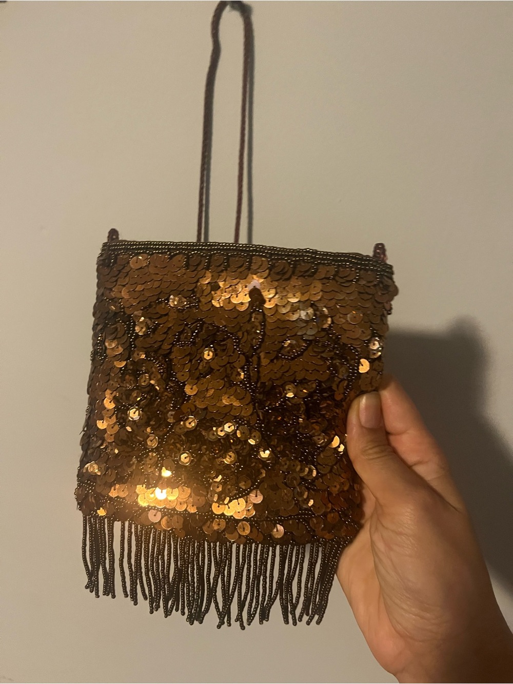 Sequined Gold Evening Wristlet Clutch with Fringe